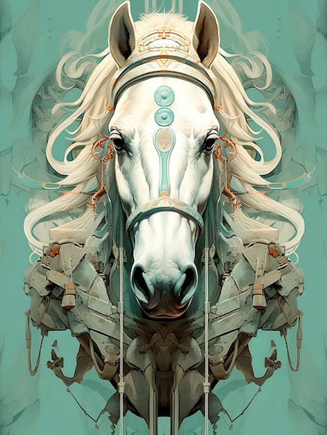 ein Pferdekopf mit silberner Mähne und blauem Hintergrund.