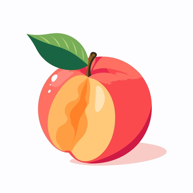Ein Pfirsich mit einem grünen Blatt drauf und einem roten und gelben unten.