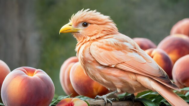 Ein pfirsichfarbener Singvogel sitzt in duftenden frischen Pfirsichen