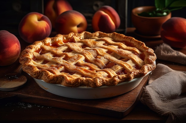 Ein Pfirsichkuchen sitzt auf einem Holzschneidebrett mit Pfirsichen im Hintergrund.