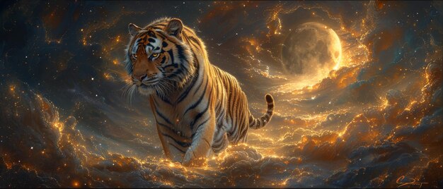 Ein phantastischer Tiger, der gegen einen magischen Nachthimmel-Hintergrund mit leuchtenden Halbmondstern und Wolken läuft Ein fantastisches künstlerisches Bild, das dieses majestätische Tier in einer Märchenwelt darstellt
