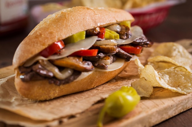 Foto ein philly-cheesesteak-sandwich mit pilzen, provolone-käse, paprika, pepperoncini-pfeffer und karamellisierten zwiebeln auf einem brötchen mit chips