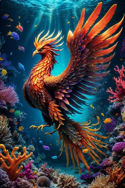 Ein Phönix, der anmutig in einem surrealen Unterwasserreich schwimmt.