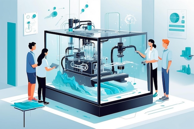 ein Physiklabor mit Studenten, die die Prinzipien der Flüssigkeitsdynamik und der Hydraulik erforschen. Vektorillustration im flachen Stil