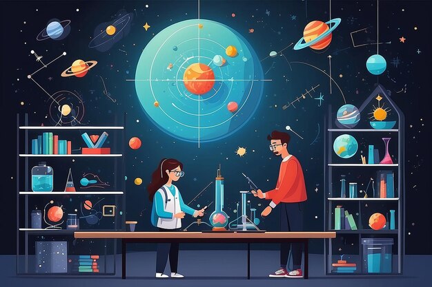 ein Physiklabor mit Studenten, die mit den Prinzipien der Astrophysik und der Raum-Zeit-Vektor-Illustration im flachen Stil experimentieren