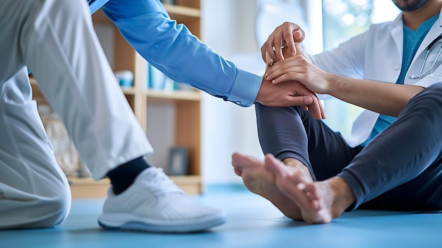 Foto ein physiotherapeut hilft einem patienten bei seinen rehabilitationsübungen