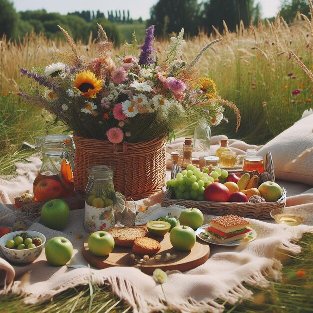 Foto ein picknick auf einer grünen wiese mit einem korb mit früchten und blumen