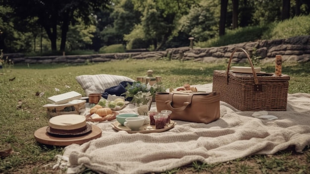 Ein Picknick im Park mit einem Korb voller Essen auf dem Tisch