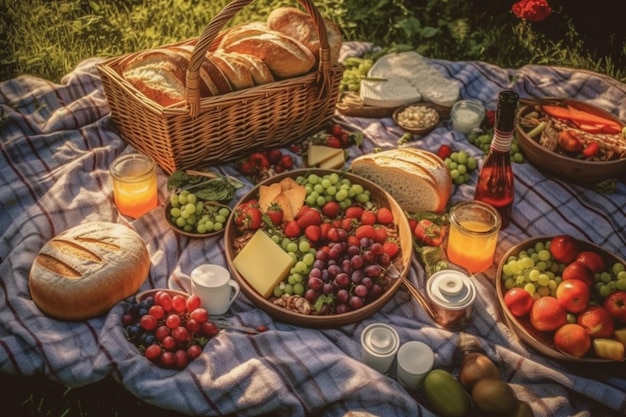 Ein Picknick mit einem Obstkorb und Brot auf einer Decke.