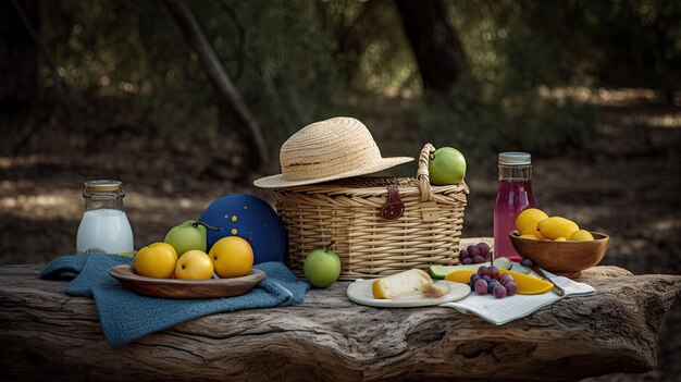 Ein Picknick mit einem Obstkorb und einer Flasche Saft