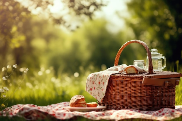 Ein Picknickkorb mit einer Vielzahl von Lebensmitteln und Getränken wird auf einer über das grüne Gras ausgebreiteten Decke ausgelegt.