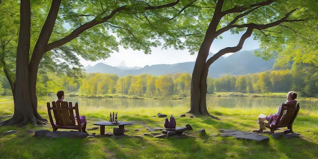 Ein Picknickplatz mit einem See und Bergen im Hintergrund.