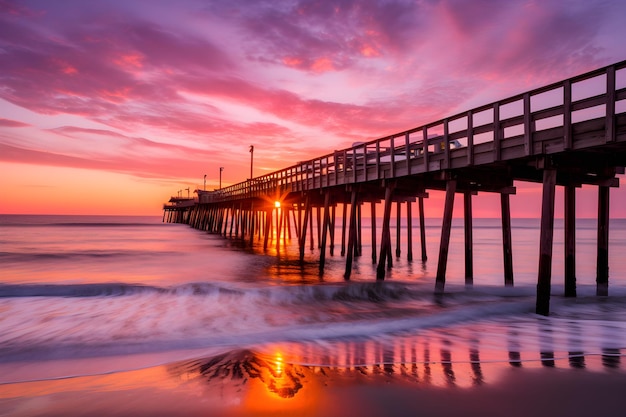 Ein Pier am Strand bei Sonnenuntergang mit einem violetten Himmel und der Sonne, die dahinter untergeht.