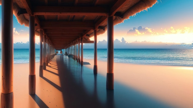 Ein Pier am Strand mit einem Sonnenuntergang im Hintergrund