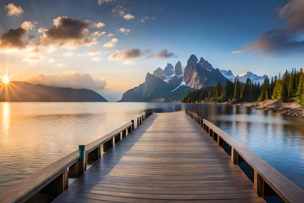 Ein Pier mit Bergen im Hintergrund