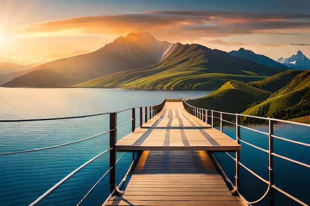 Ein Pier mit einem Berg im Hintergrund