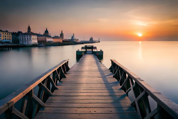Ein Pier mit einem Sonnenuntergang im Hintergrund