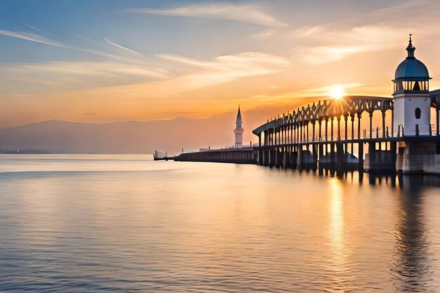 ein Pier mit einem Turm im Hintergrund