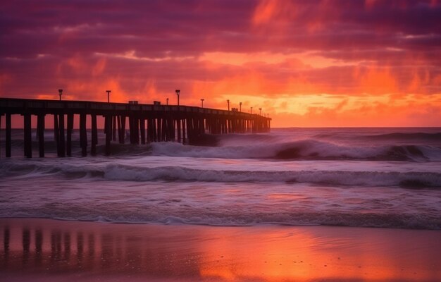 Ein Pier mit einem violetten Himmel und der untergehenden Sonne.