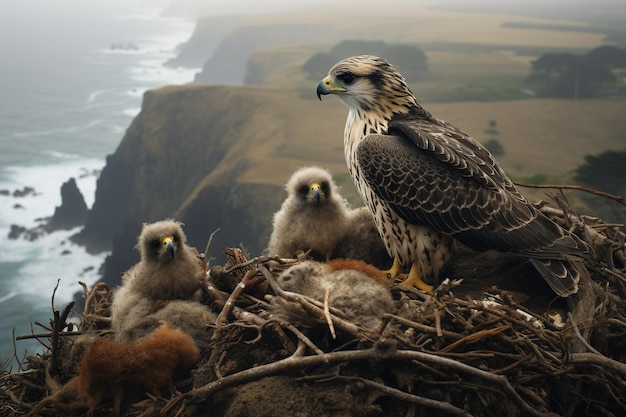 Ein Pilgerfalke füttert seine Küken im Nest an der Klippe