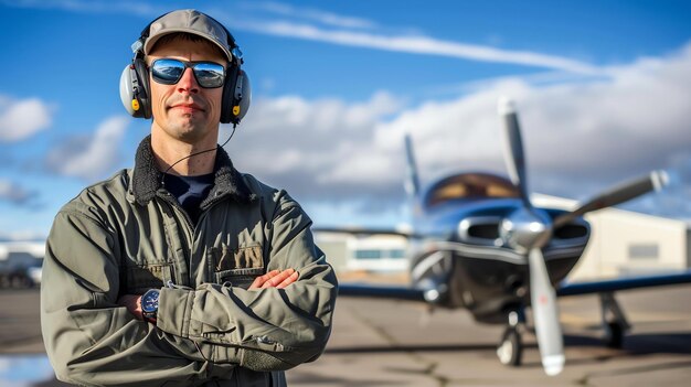 Ein Pilot in seinem Fluganzug steht vor seinem Flugzeug, bereit zum Start. Er trägt ein Headset und eine Sonnenbrille.