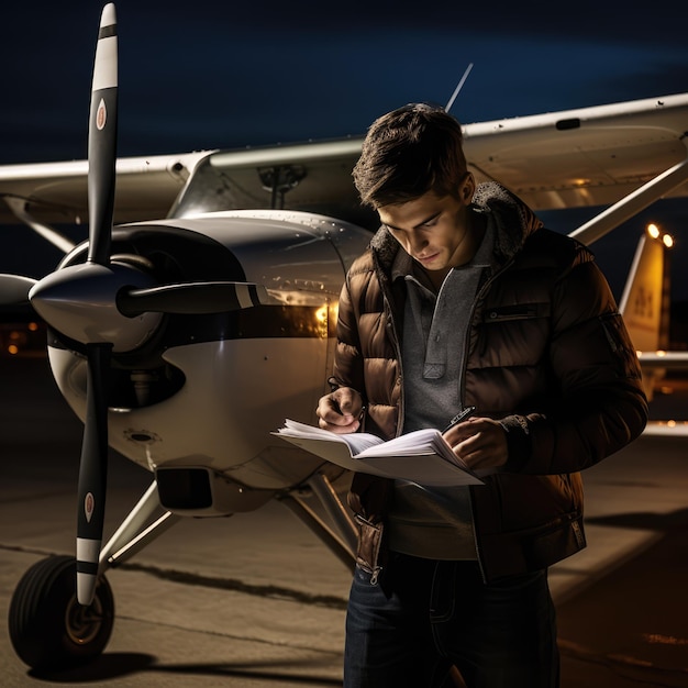 Ein Pilot überprüft den Flugplan auf einem Tablet, während er neben einem kleinen Flugzeug steht