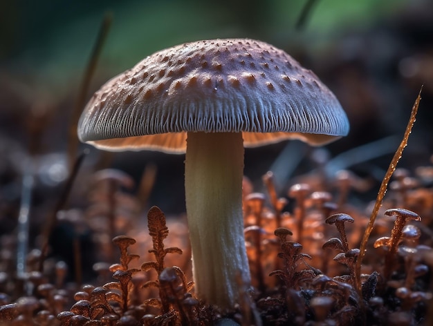 Ein Pilz im Wald, auf den die Sonne scheint.