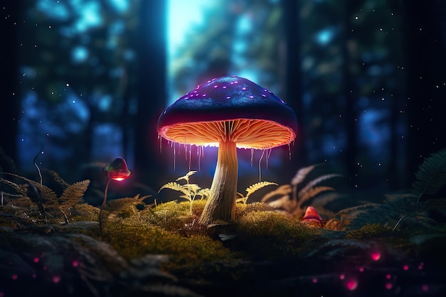 Ein Pilz im Wald mit einem violetten Licht darauf