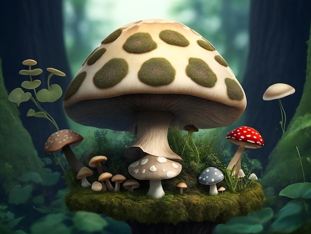 Ein Pilz mit einem Pilz auf dem Kopf ist von Pflanzen umgeben, die von der künstlichen Intelligenz erzeugt wurden