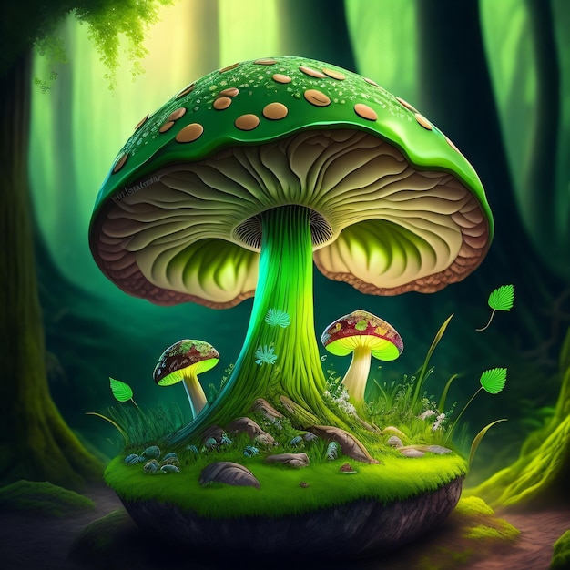 Ein Pilz mit grüner Kappe und grünem Hut steht mitten im Wald.