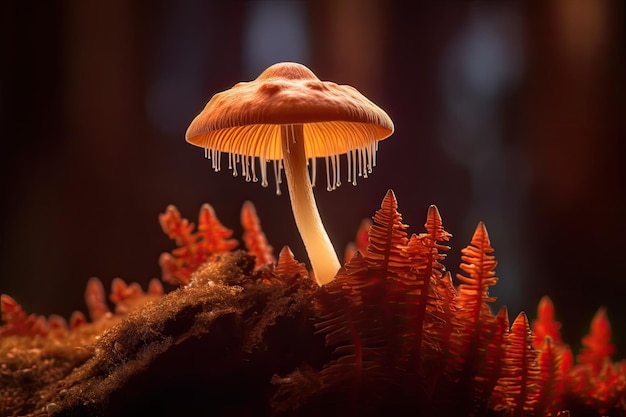 Ein Pilz mit roter Kappe sitzt auf einem Stück Holz.