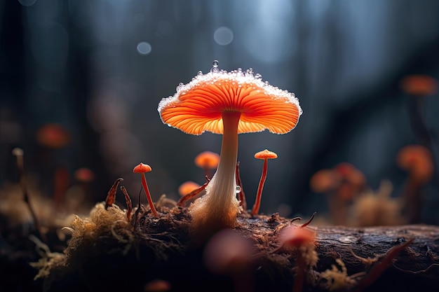 Ein Pilz mit roter Kappe steht im Dunkeln.