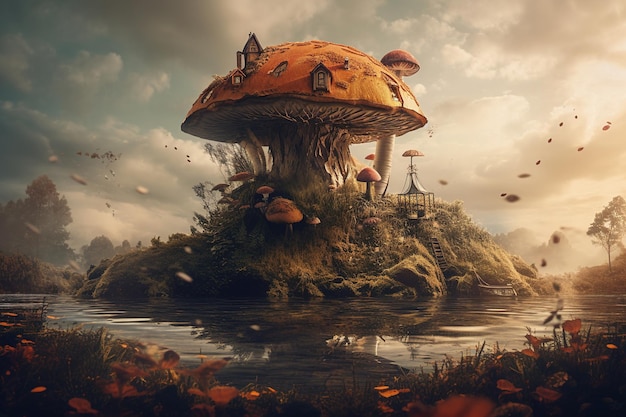 Ein Pilzhaus an einem See