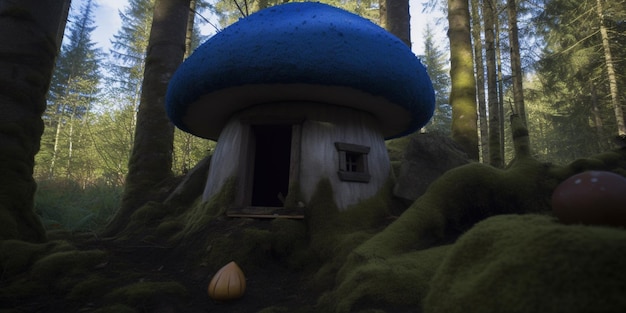 Ein Pilzhaus im Wald mit einem Kürbis auf der Spitze.