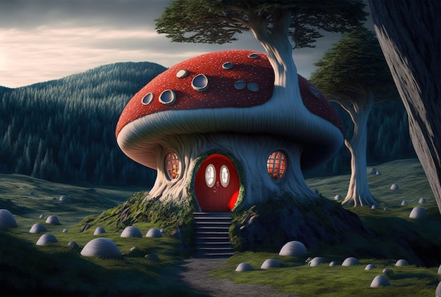 Ein Pilzhaus, umgeben von einer wunderschönen Landschaft