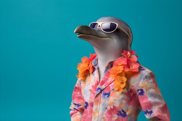 Ein Pinguin, der ein geblümtes Hemd und eine Sonnenbrille trägt