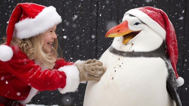 Foto ein pinguin, der einen weihnachtsmannshut und einen schal trägt.