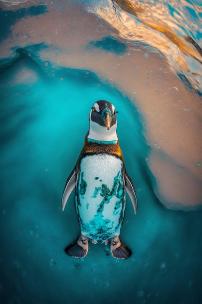 Ein Pinguin, der im Wasser schwimmt, mit dem Wort Pinguin auf der Unterseite.