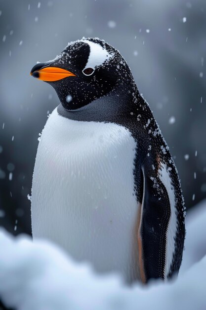 Ein Pinguin geht im Winter am Strand spazieren