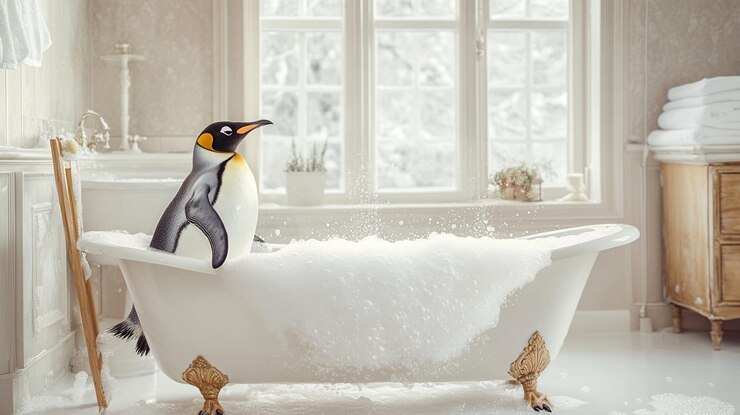 Ein Pinguin in der Badewanne, ein wunderbares, magisches Bild, ein wunderschönes Badezimmer.