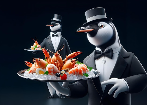 Ein Pinguin in Tuxedo, der als Kellner auf einem Teller Meeresfrüchte serviert