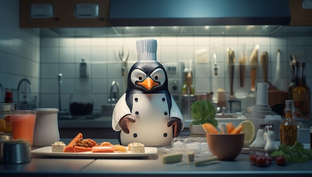 Ein Pinguin-Koch mit weißem Hut und Schürze steht in der Küche unter einer Vielzahl von Zutaten