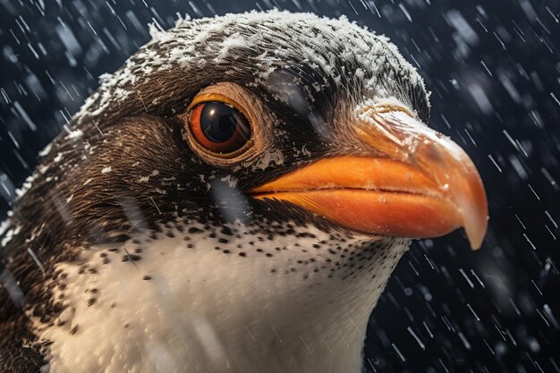 ein Pinguin mit einem gelben Schnabel und einem orangefarbenen Schnabel, auf dem Schnee liegt