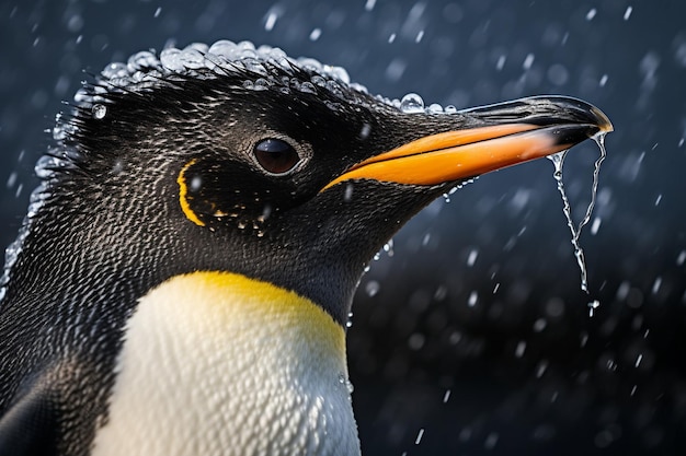 ein Pinguin mit einem gelben Schnabel und einem schwarzen Hintergrund
