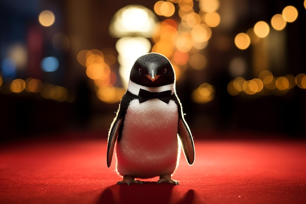 Ein Pinguin mit Fliege steht auf einem roten Tisch vor einem verschwommenen Hintergrund.