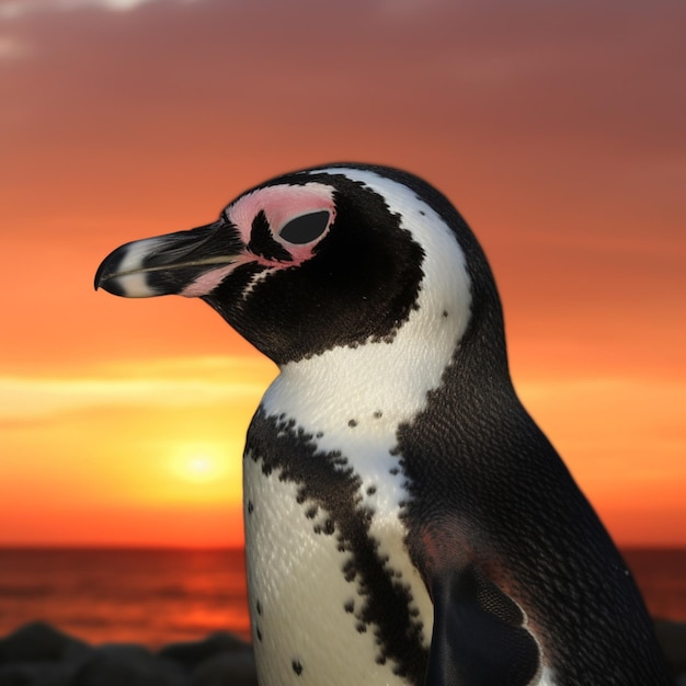 Ein Pinguin mit rosa Augen steht am Strand.