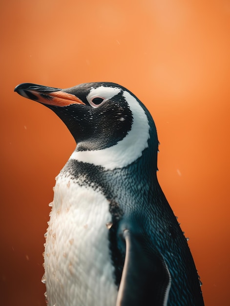 Ein Pinguin mit schwarz-weißem Gesicht steht vor einem orangefarbenen Hintergrund.