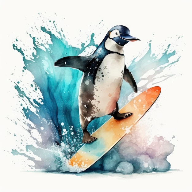 Ein Pinguin reitet auf einem Surfbrett im Aquarellstil.