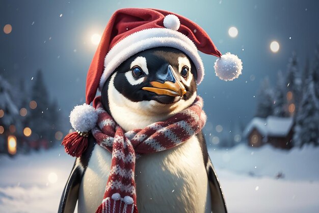 Foto ein pinguin trägt einen roten hut und einen schal des weihnachtsmannes. fotorealistische illustration und schnee