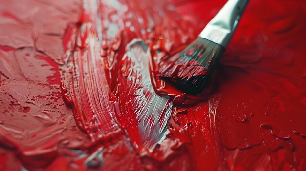 Ein Pinsel sitzt auf einer roten Oberfläche mit Wassertropfen darauf und ein roter Hintergrund wird gezeigt.